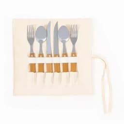 A cutlery holder featuring six utensils: two forks, two knives, and two spoons with wooden handles on a cream fabric backdrop.
