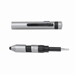 A silver multi-tool pen featuring a retractable writing tip and a rubber stylus. It has a clip and multiple sections.