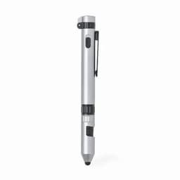 A silver pen with a clip and multiple buttons, featuring a sleek design and a pointed tip.