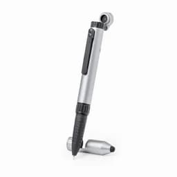 A silver and black multi-function pen, featuring a clip and a removable cap. It has a sleek design and a branding logo.
