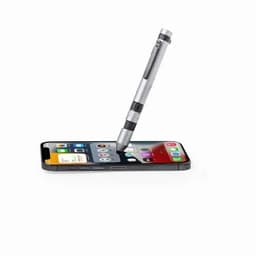 A stylus pen in silver is positioned above a smartphone, showcasing its touchscreen interface. The phone has a sleek design.
