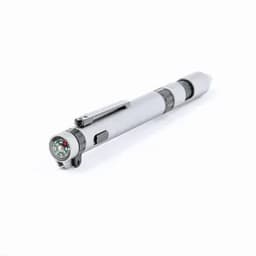A silver pen flashlight with a built-in compass, featuring a clip for attachment.