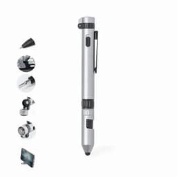 A multifunctional silver pen with features including a stylus, flashlight, and bottle opener. It has a clip for easy carrying.