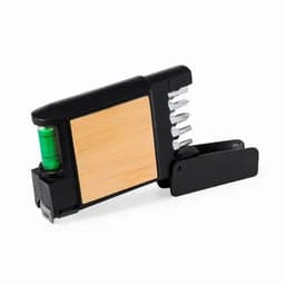 A multi-tool featuring a wooden section, black body, green spirit level, and various screwdriver bits.