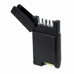 A compact black tool featuring multiple screwdrivers and a built-in level, with a protective cover.