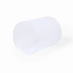 A drink bottle in clear, translucent white with a cylindrical shape and a simple design that includes a logo.