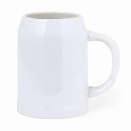 A white ceramic mug with a rounded, barrel-like shape and a sturdy handle. It has a glossy finish and no visible branding.