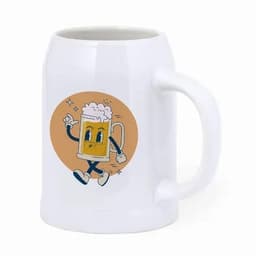 A drink mug featuring a cartoon beer character with a smiling face, on a white background with an orange circle.