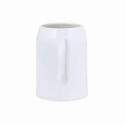 A white beer mug featuring a sturdy handle and a smooth, modern design. The mug has branding on the surface.