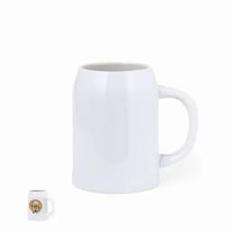 A white ceramic mug with a rounded body and a handle, featuring a logo design on one side.