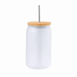 A drink bottle with a frosted glass body, wooden lid, and metal straw. It features a sleek, minimal design.