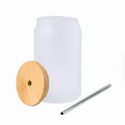 A drink bottle with a frosted white body, a bamboo lid, and a stainless steel straw.