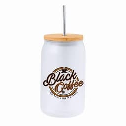 A drink bottle with a frosted finish, wooden lid, and a metallic straw featuring a logo.