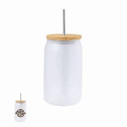 A drink bottle with a transparent body, a bamboo lid, and a metal straw, featuring a logo on the front.