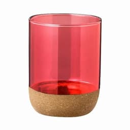 A drink bottle featuring a transparent red upper section and a cork base, showcasing a modern design.