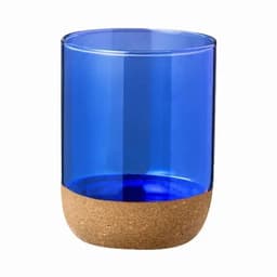 A drink bottle with a blue glass body and a cork base, featuring a simple, modern design.