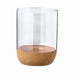 A glass drink bottle with a clear upper section and a cork base, featuring a pink interior liquid.