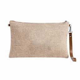 A clutch bag made of natural, textured beige fabric with a brown leather strap and a metal zipper.