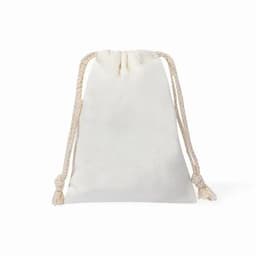 A drawstring pouch in white fabric, featuring a rope closure at the top. Simple and versatile design.