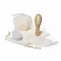 A bath set featuring a loofah, wooden brush, exfoliating sponge, and two cotton pouches in neutral tones.