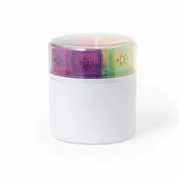 A storage container with a white base and a clear lid featuring colourful, purple and pink sections inside.
