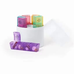 A pill organiser with multiple colourful compartments in pink, orange, yellow, and purple, set in a white container.