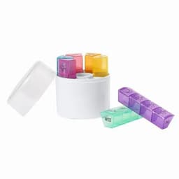 A pill organiser with a white circular base and seven coloured compartments in orange, yellow, green, and purple.