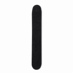 A black snowboard with a sleek, elongated shape and a smooth surface, featuring a subtle branding element.