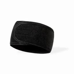 A black headband featuring a seamless design and a simple logo, made from soft, stretchy material.