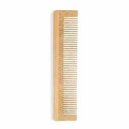 A wooden comb with fine and wide teeth, featuring a natural wood finish.