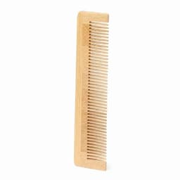 A wooden comb with evenly spaced teeth, featuring a natural light brown colour. It has a simple, sleek design.