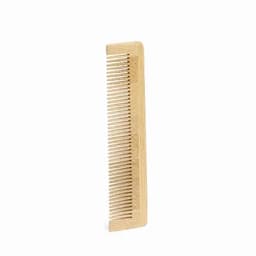 A wooden comb with narrow teeth, featuring a light brown colour and a smooth finish.