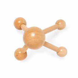 A wooden toy model featuring a central sphere connected to three smaller spheres through cylindrical rods.