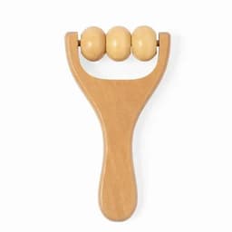 A wooden massage roller featuring three rounded wooden beads, designed for relaxation and muscle tension relief.