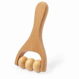A wooden massager with a handle and three rounded wooden balls for therapeutic use.