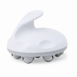 A white massage tool with a curved handle and multiple grey rollers on the bottom. It has a smooth, rounded design.