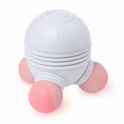 A massage device with a white body and three pink spherical ends for targeted relief. It features a smooth, rounded design.