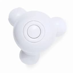 A drink bottle in a white, rounded design with three protruding sections and a central button.