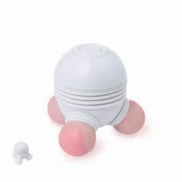 A massage tool featuring a round white body with pink rubber feet, designed for muscle relaxation.