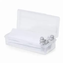 A clear storage box with a lid, containing three grey objects inside and white compartments.