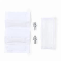 A set of earplugs and a clear storage case, featuring grey earplugs and white packaging.