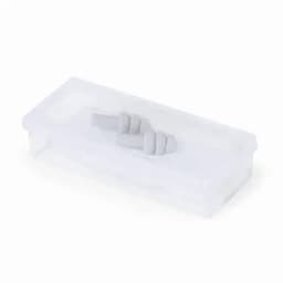 A clear container holding grey earplugs, neatly arranged inside. The container is rectangular in shape.