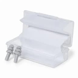 A clear case containing grey earplugs, with a compartment for storing additional items.