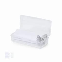 A clear storage box containing white sheets and grey earplugs, partially open to reveal its contents.