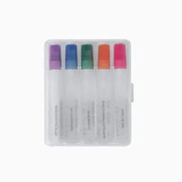 A set of five spray bottles in a clear case, featuring green, purple, blue, pink, and orange caps.