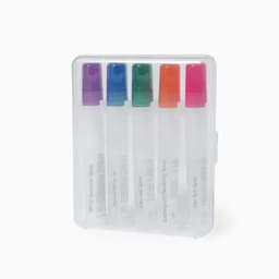 A set of six spray bottles in a clear container, featuring purple, green, blue, pink, orange, and red caps.