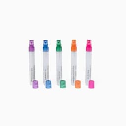 A drink bottle set featuring clear bodies with colourful spray tops in purple, green, orange, and pink. Each has a logo.