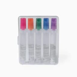 A set of five clear ink markers with pink, orange, green, blue, and purple caps, packaged in a transparent case.