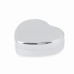 A heart-shaped silver tin box with a shiny, reflective surface and a hinged lid.