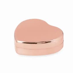 A heart-shaped box in a shiny rose gold finish, with a smooth, reflective surface. It features a logo on the top.